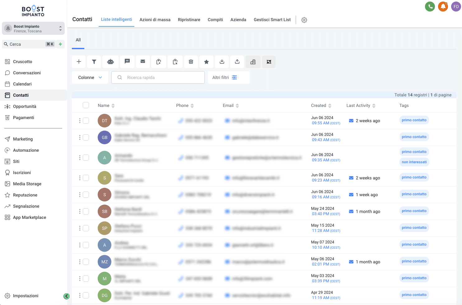 Schermata contatti CRM Boost Impianto